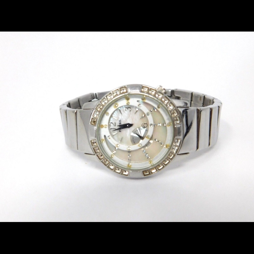 Fossil Women's Watch ES1962 32mm Ladies MOP Pave Crystals Bezel Silver Tone 7"